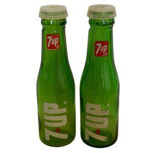 7 Up Soda Miniature Glass Bottle Salt & Pepper Shakers w/Plastic Caps 4" Tall